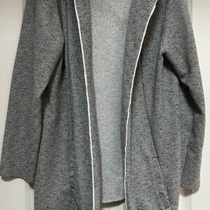 Hooded Cardigan Knit Sz XL Open Front Long Sleeve Duster Sweater Gray Speckled
